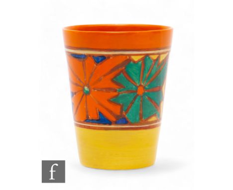Clarice Cliff - Umbrellas - A lemonade beaker circa 1929, hand painted with panels of star burst motifs in blue, orange and g