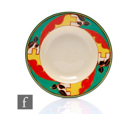 Clarice Cliff - Feather &amp; Leaf - A shallow circular desert bowl circa 1930, hand painted with a stylised foliate and feat
