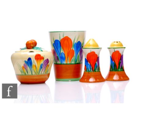 Clarice Cliff - Crocus - A small collection of wares to include a beaker, a covered preserve and a muffiner salt and pepper s