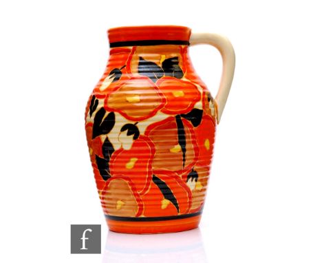 Clarice Cliff - Orange Chintz - A single handled Lotus jug circa 1932, hand painted with stylised flowers and foliage in red,