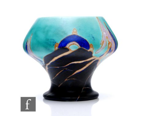 Clarice Cliff - Inspiration Caprice - A shape 341 vase circa 1930,&nbsp;hand painted with a stylised landscape with trees and