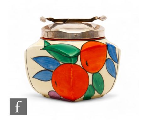 Clarice Cliff - Oranges - A shape 516 sugar box circa 1932, hand painted with stylised fruit and foliage with orange banding 