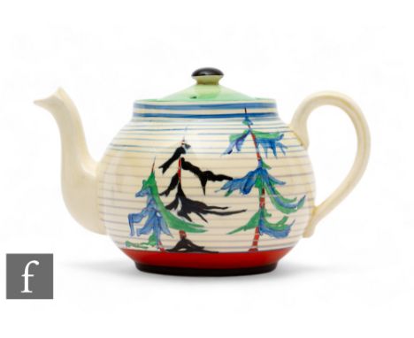 Clarice Cliff - Pine Grove - A small size Globe teapot circa 1936, hand painted with stylised pine trees below graduated blue