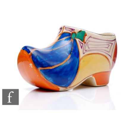 Clarice Cliff - Melon - A large Sabot or clog circa 1930, hand painted with abstract fruit with orange and black banding, Fan