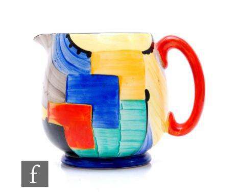 Susie Cooper - Grays Pottery - A Paris shape Cubist pattern jug decorated with brightly coloured abstract motifs, printed 192