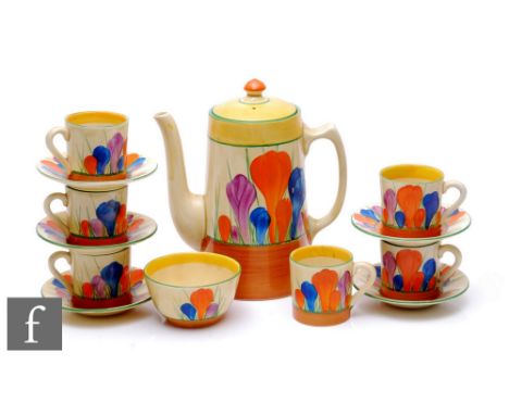 Clarice Cliff - Crocus - A part Tankard shape coffee service circa 1930, comprising coffee pot, sugar bowl, six coffee cups a