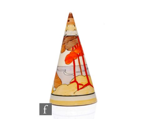 Clarice Cliff - Coral Firs - A conical sugar sifter circa 1933, hand painted with a stylised tree lined coastal landscape in 