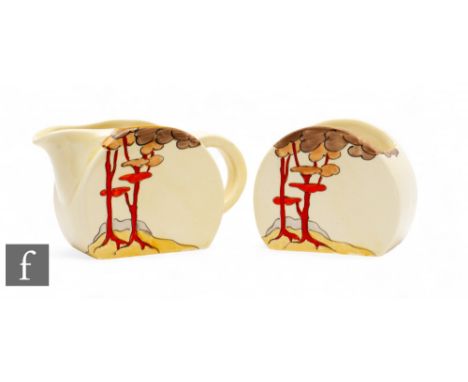 Clarice Cliff - Coral Firs - A Bon Jour shape milk and sugar circa 1936, hand painted with a stylised tree line coastal lands