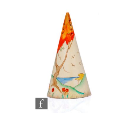 Clarice Cliff - Taormina Orange - A conical sugar sifter circa 1936, hand painted with a tree to a coastal landscape, large s