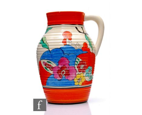 Clarice Cliff - Alton Orange - A single handled Lotus jug circa 1933, hand painted with a stylised landscape with turreted ca