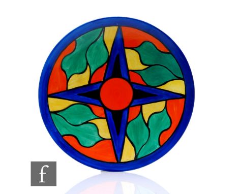 Clarice Cliff - Double V variant - A circular dish form plate circa 1928, hand painted with a stylised leaf and V design with