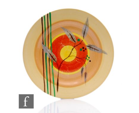 Clarice Cliff - Kelverne - A large circular plate circa 1936, hand painted with stylised leaves over a graduated banding and 