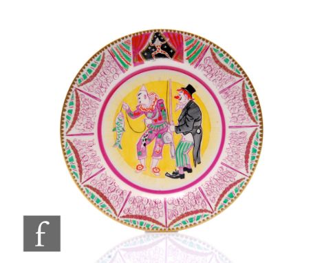 Clarice Cliff - Dame Laura Knight - A large circular plate from the Circus series, transfer printed and painted with clowns t
