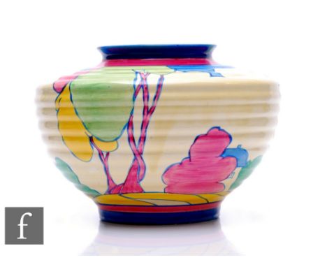 Clarice Cliff - Pastel Autumn - A large shape 756 Kidney vase circa 1930, hand painted with a triple image tree and cottage l
