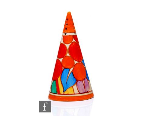 Clarice Cliff - Berries - A conical sugar sifter circa 1931, hand painted with stylised fruit and foliage between orange and 