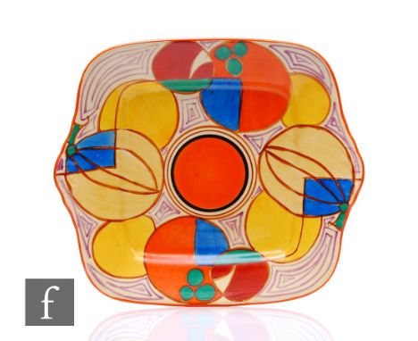 Clarice Cliff - Melon - A large twin handled plate circa 1930 of rounded square section, hand painted with abstract fruit wit