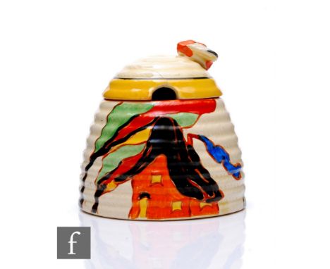 Clarice Cliff - Orange House - A large size Bee Hive honey pot circa 1931, hand painted with a stylised tree and cottage land