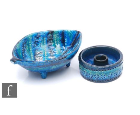 Aldo Londi - Bitossi - A mid Century Rimini Blu footed bowl of leaf form, incised and impressed geometric bands, painted mark