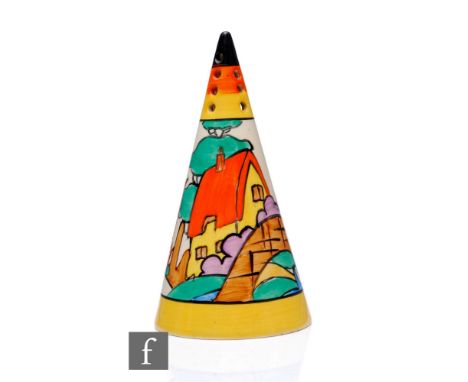 Clarice Cliff - Orange Roof Cottage - A conical sugar sifter circa 1932, hand painted with a stylised cottage, tree and bridg