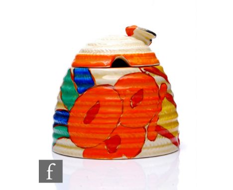 Clarice Cliff - Bobbins - A large Beehive honey pot circa 1932, hand painted with Bobbin reels and stylised flowers and folia