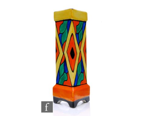 Clarice Cliff - Diamonds (Variant) - An early A. J. Wilkinson shape footed triangular vase circa 1929, hand painted with a re