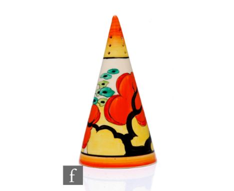 Clarice Cliff - Orange Erin - A Conical sugar sifter circa 1933, hand painted with stylised tree and flowers between graduate