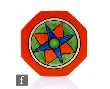Clarice Cliff - Original Bizarre - An octagonal side plate circa 1928, radially hand painted with triangles in blue, orange a