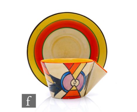 Clarice Cliff - Lightning - A Conical shape tea cup and saucer circa 1930, hand painted with an abstract target motif with li