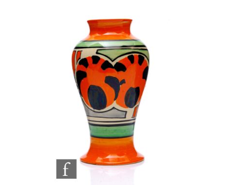 Clarice Cliff - Beach Ball - A shape 14 Mei Ping vase circa 1931, hand painted with stylised striped balls over a panel decor