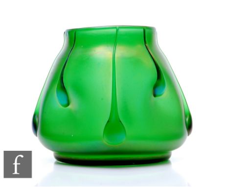 Loetz - An early 20th Century glass vase of ovoid dimpled form with drawn collar, iridescent green glass with applied teardro