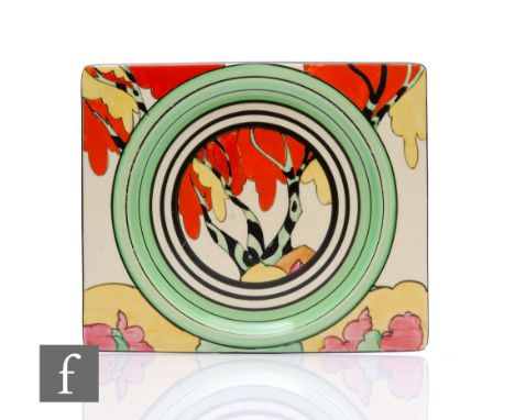 Clarice Cliff - Honolulu - A Biarritz dinner plate painted to the whole body with a stylised tree scene with red, yellow and 