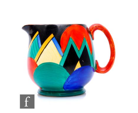 Susie Cooper - Grays Pottery - A Paris shape Moon and Mountain pattern jug decorated with brightly coloured abstract motifs, 