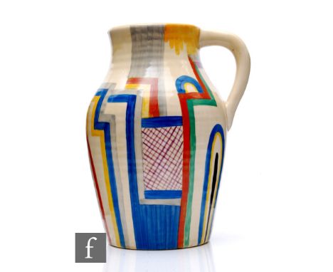 Clarice Cliff - Tennis - A single handled Lotus jug circa 1930, hand painted with an abstract block and line design with pane