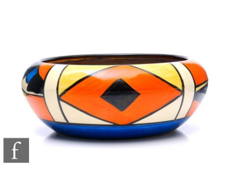 Clarice Cliff - Diamonds - A shape 36 bowl circa 1930, hand painted with repeat abstract panels with black, blue, yellow and 