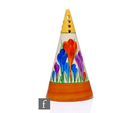 Clarice Cliff - Crocus - A conical shape sugar sifter circa 1931, hand painted with Crocus sprays with yellow, green and brow