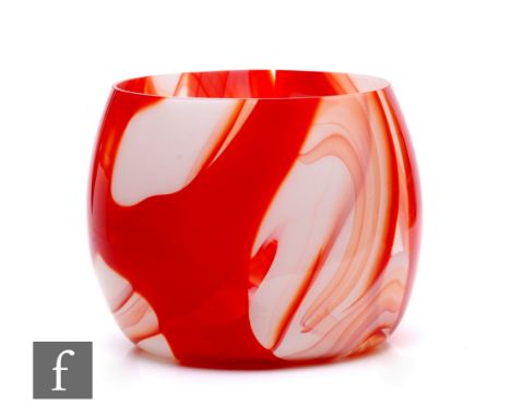 Unattributed maker - A contemporary studio glass vase of ovoid form, with ruby trails against the opal and clear ground, unsi