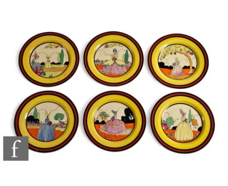Clarice Cliff - Applique Idyll - A set of six circular side plates circa 1933, each hand painted with a different Crinoline l