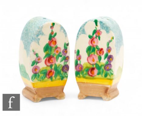 Clarice Cliff - Hollyhocks - A pair of Bon Jour shape salt and pepper pots circa 1936, each hand painted with stylised flower