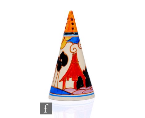 Clarice Cliff - Summerhouse - A conical sugar sifter circa 1932, hand painted with a stylised garden landscape with summerhou