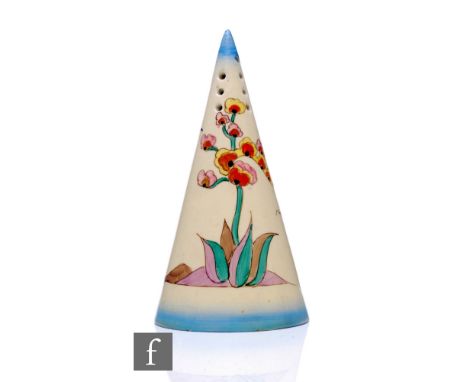 Clarice Cliff - Agave - A conical sugar sifter circa 1936, hand painted with a flowering plant to a landscape between graduat