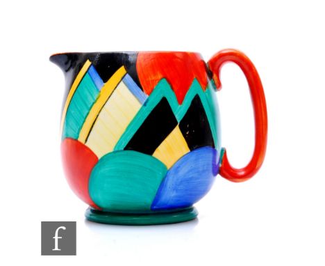 Susie Cooper - Grays Pottery - A Paris shape Moon and Mountain pattern jug decorated with brightly coloured abstract motifs, 