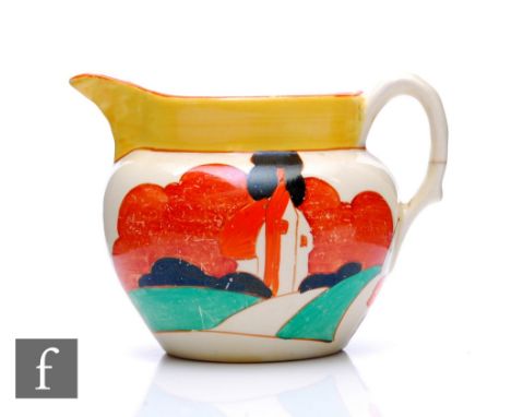 Clarice Cliff - Farmhouse - A small size Perth jug circa 1932, hand painted with a stylised house to a landscape with orange 
