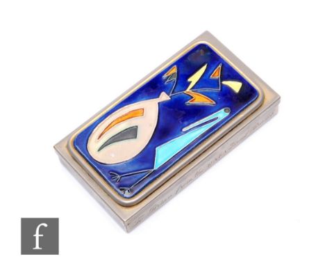 Chamizer Ceramics - Israel - A 1970s metal box, the detachable cover with rectangular tubelined ceramic panel, decorated with