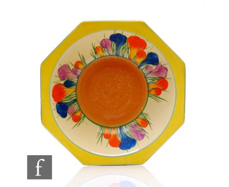 Clarice Cliff - Crocus - A large octagonal bowl circa 1929, radially painted to the bowl with large Crocus blooms within yell