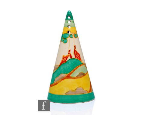 Clarice Cliff - Secrets - A Conical shape sugar sifter circa 1933, hand painted with a stylised tree and cottage coastal land