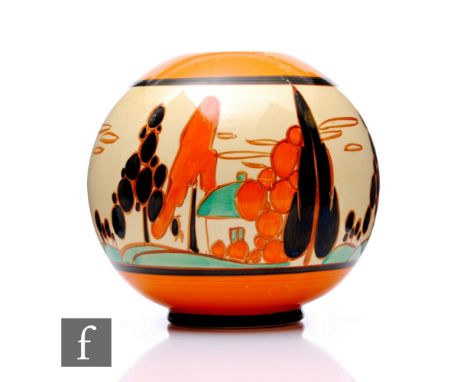 Clarice Cliff - Orange Trees &amp; House - A shape 370 globe vase circa 1930, hand painted with a stylised tree and cottage l