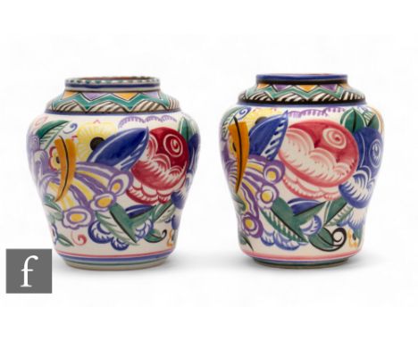 Truda Carter - Carter Stabler Adams (Poole Pottery) - A 1930s red bodied shape 468 vases, decorated in the EB pattern by Eile