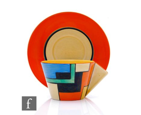 Clarice Cliff - Mondrian - A Conical tea cup and saucer circa 1930 hand painted in an abstract block and line design with yel