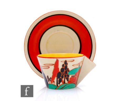 Clarice Cliff - Red Tress &amp; House - A Conical shape tea cup and saucer circa 1930, hand painted with a stylised tree and 