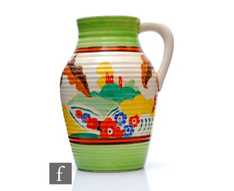 Clarice Cliff - Alton Green - A single handled Lotus jug circa 1933, hand painted with a stylised landscape with turreted cas